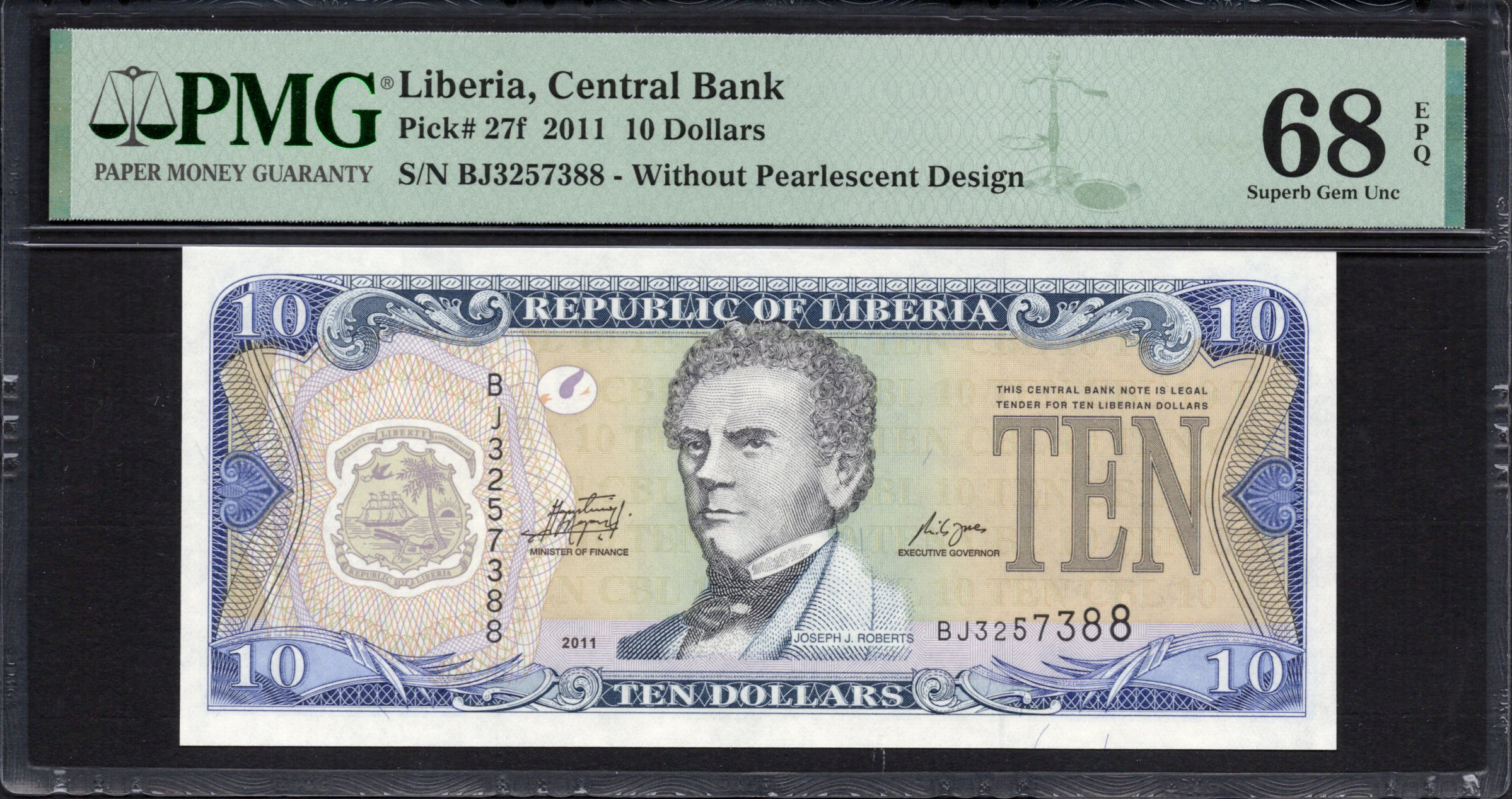 Buy PMG - Liberia - 10 Dollars 2011 - Pick # 27f - PMG 68 EPQ | MoneyCorner