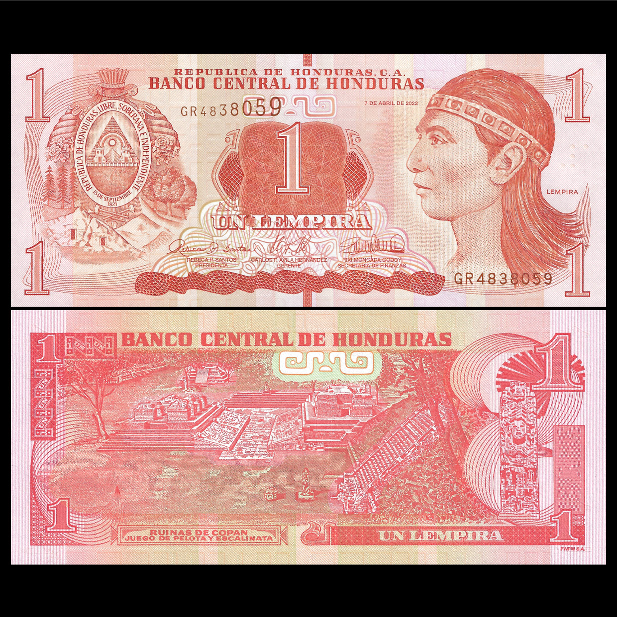 Buy Banknotes - Honduras - 1 Lempira 2022 - Pick- 96e / B344e | MoneyCorner