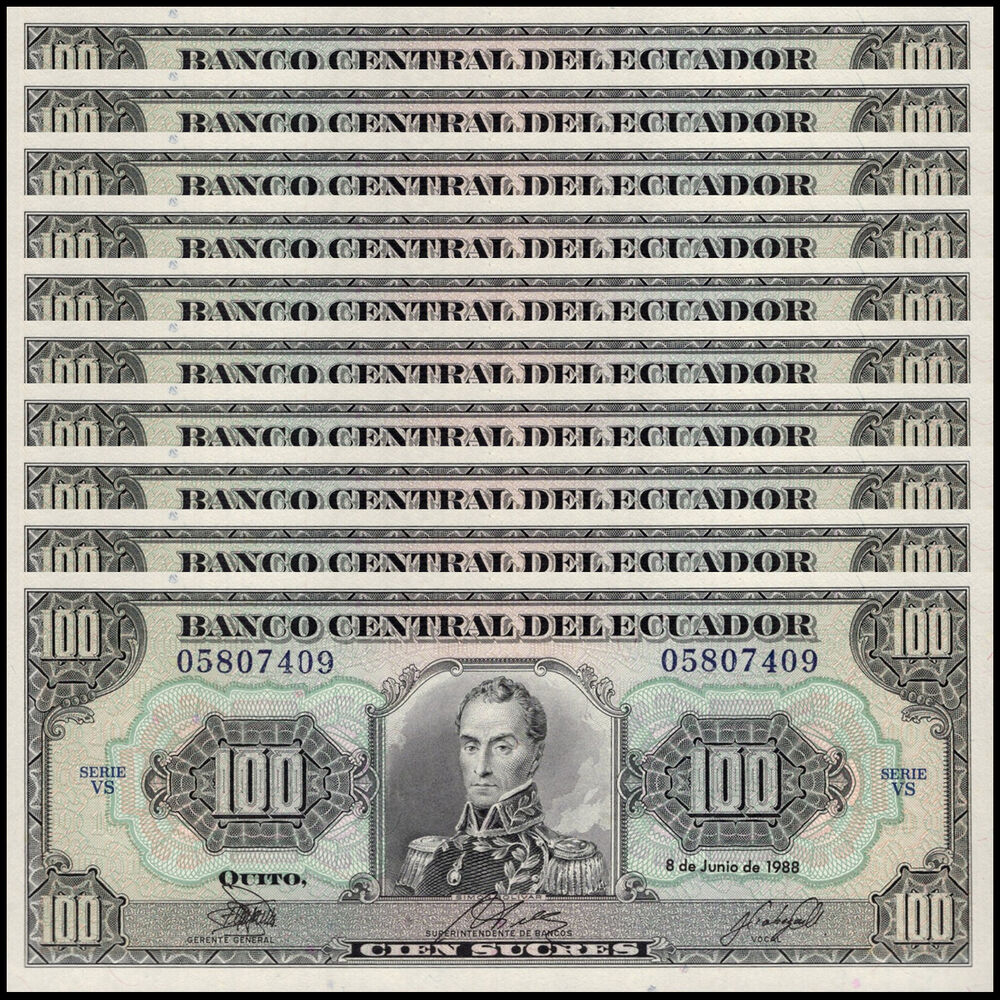 Ecuador -  100 Sucres 1988 - Pick # 123Aa - Set 10 PCS