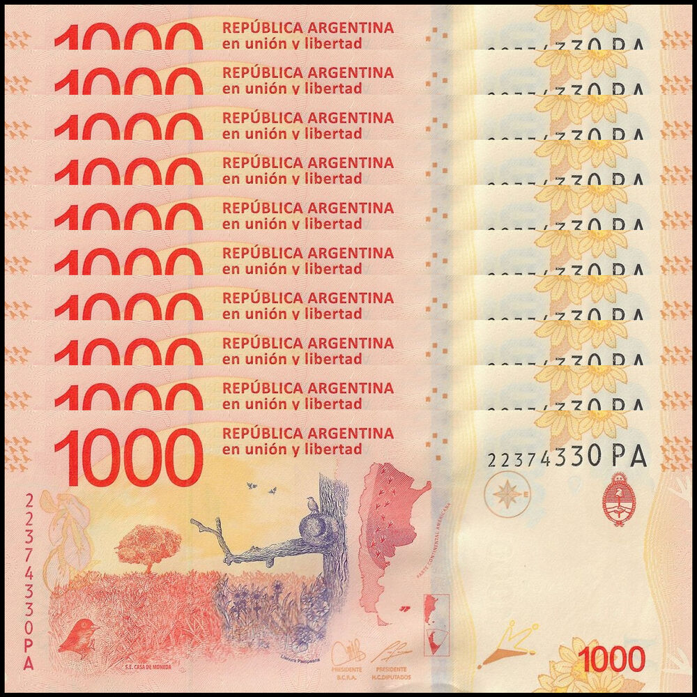 Argentina -  1000 Pesos 2017 - Pick # 366 - Set 10 PCS