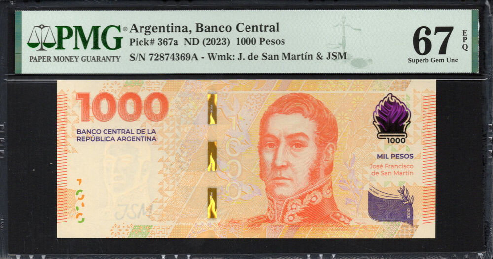 Argentinië -  1000 Pesos 2023 - Pick # 367a - PMG 67 EPQ