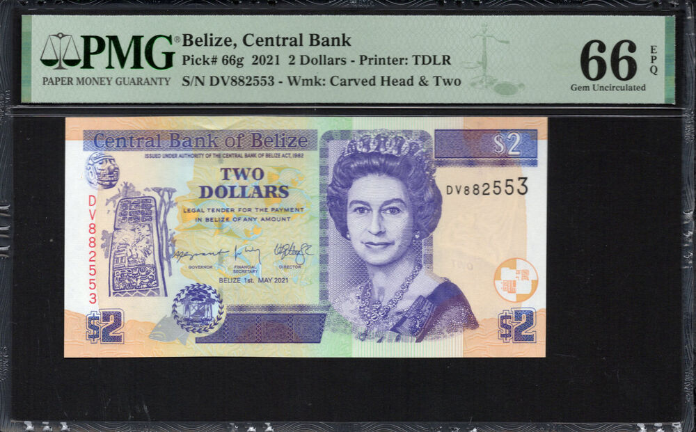 Belize -  2 Dollars 2021 - Pick # 66g - PMG 66 EPQ