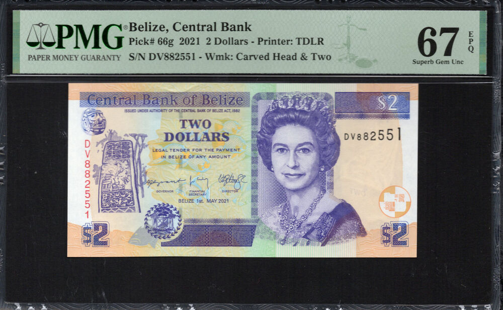 Belize -  2 Dollars 2021 - Pick # 66g - PMG 67 EPQ