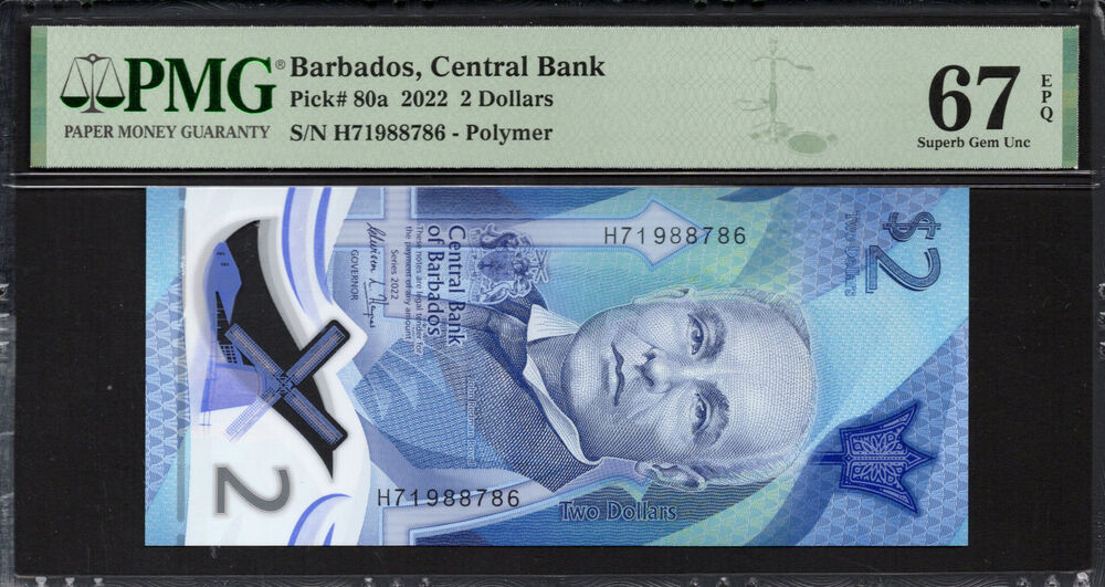 Barbados -  2 Dollars 2022 - Pick # 80a - PMG 67 EPQ