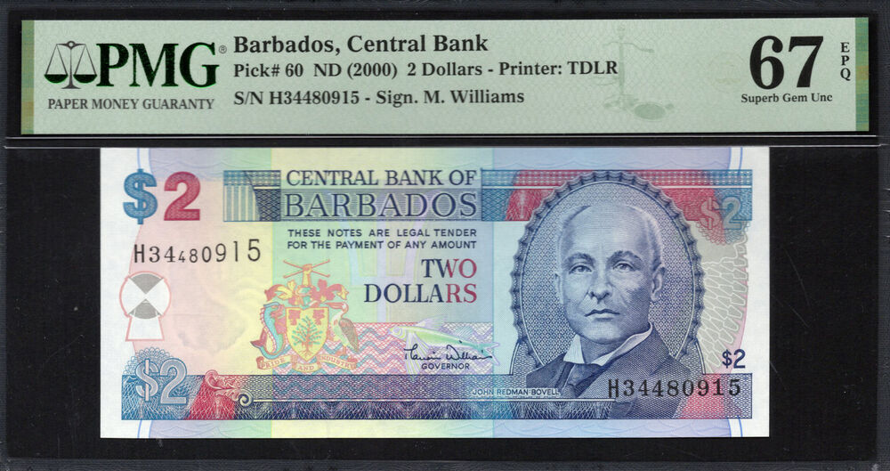 Barbados -  2 Dollars 2000 - Pick # 60 - PMG 67 EPQ
