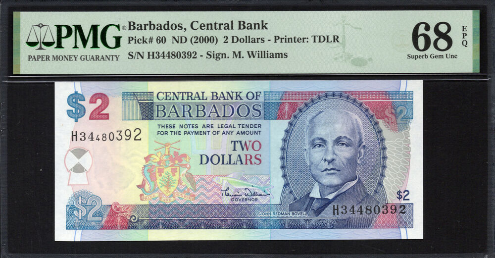 Barbados -  2 Dollars 2000 - Pick # 60 - PMG 68 EPQ