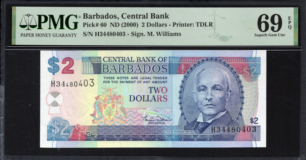 Barbados -  2 Dollars 2000 - Pick # 60 - PMG 69 EPQ