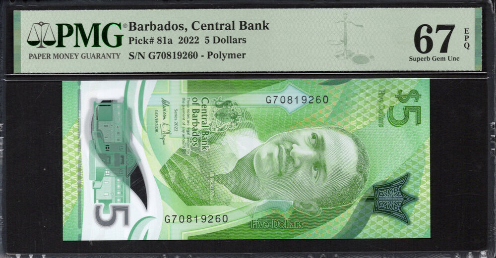 Barbados -  5 Dollars 2022 - Pick # 81a - PMG 67 EPQ