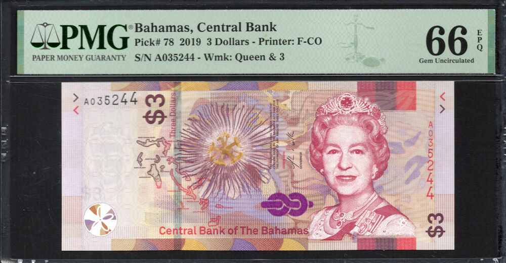 Bahamas -  3 Dollars 2019 - Pick # 78 - PMG 66 EPQ