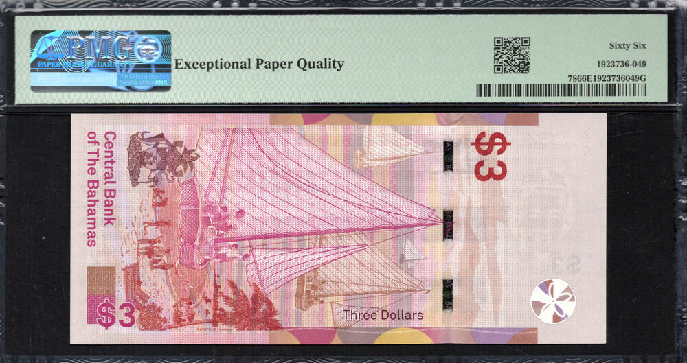 Bahamas -  3 Dollars 2019 - Pick # 78 - PMG 66 EPQ