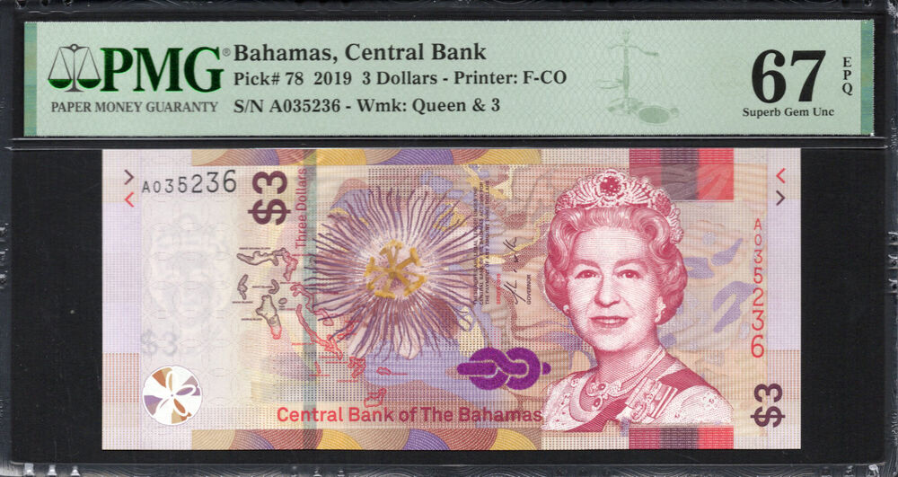 Bahamas -  3 Dollars 2019 - Pick # 78 - PMG 67 EPQ