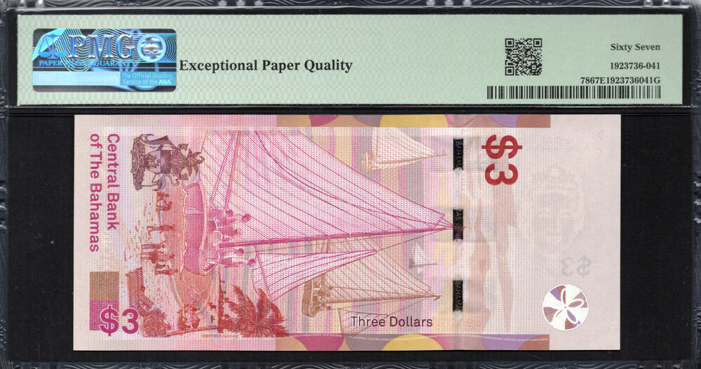 Bahamas -  3 Dollars 2019 - Pick # 78 - PMG 67 EPQ