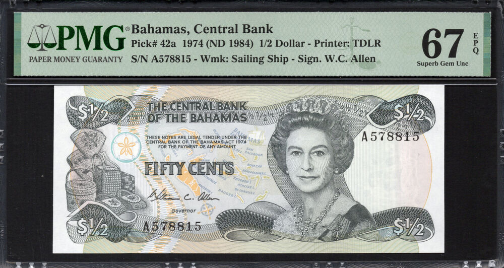 Bahamas -  Half Dollar 1974 - Pick # 42a - PMG 67 EPQ