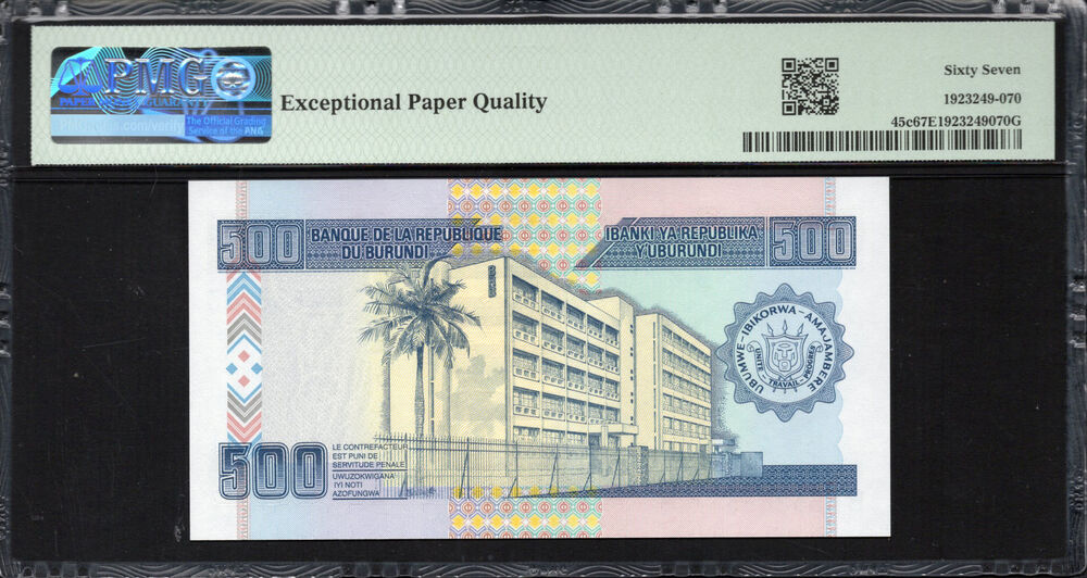 Burundi -  500 Francs 2013 - Pick # 45c - PMG 67 EPQ