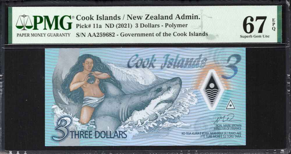 Cook Islands -  3 Dollars 2021 - Pick # 11a - PMG 67 EPQ