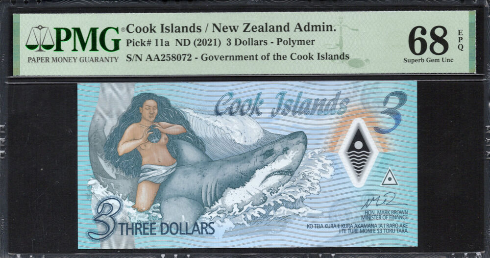 Cook Islands -  3 Dollars 2021 - Pick # 11a - PMG 68 EPQ