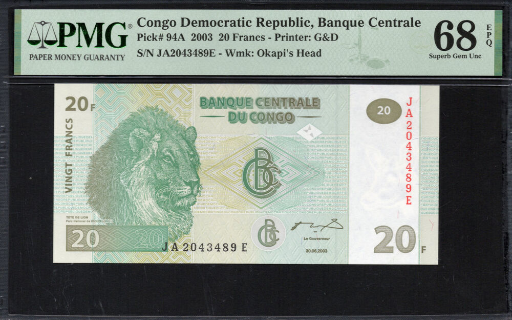 Congo Democratic Republic - 20 Francs 2003 - Pick # 94A - PMG 68 EPQ