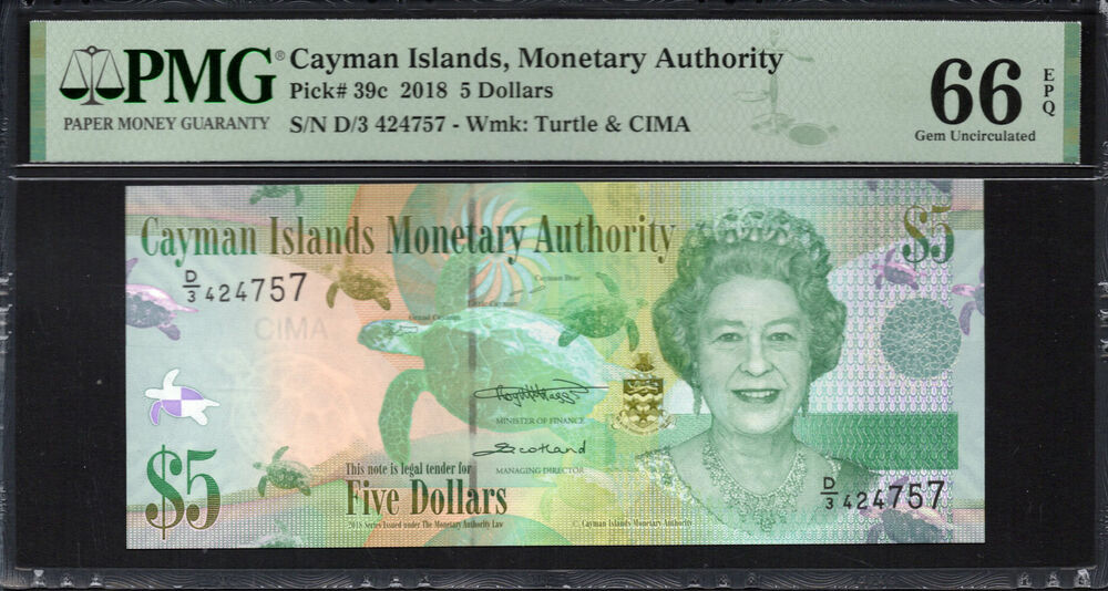 Cayman Islands -  5 Dollars 2018 - Pick # 39c - PMG 66 EPQ
