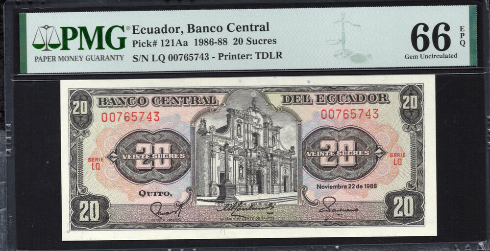 Ecuador -  20 Sucres 1986 - Pick # 121Aa - PMG 66 EPQ