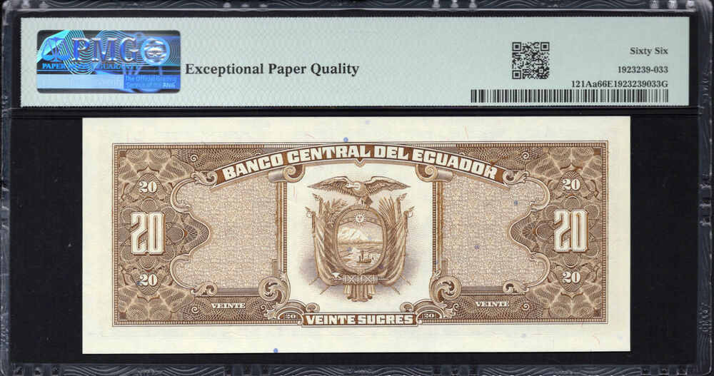 Ecuador -  20 Sucres 1986 - Pick # 121Aa - PMG 66 EPQ