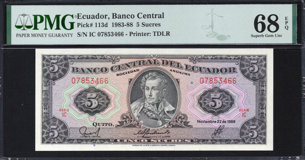 Ecuador -  5 Sucres 1983 - Pick # 113d - PMG 68 EPQ