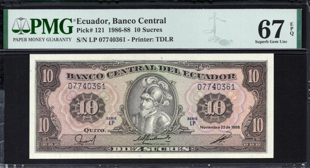 Ecuador -  10 Sucres 1986 - Pick # 121 - PMG 67 EPQ