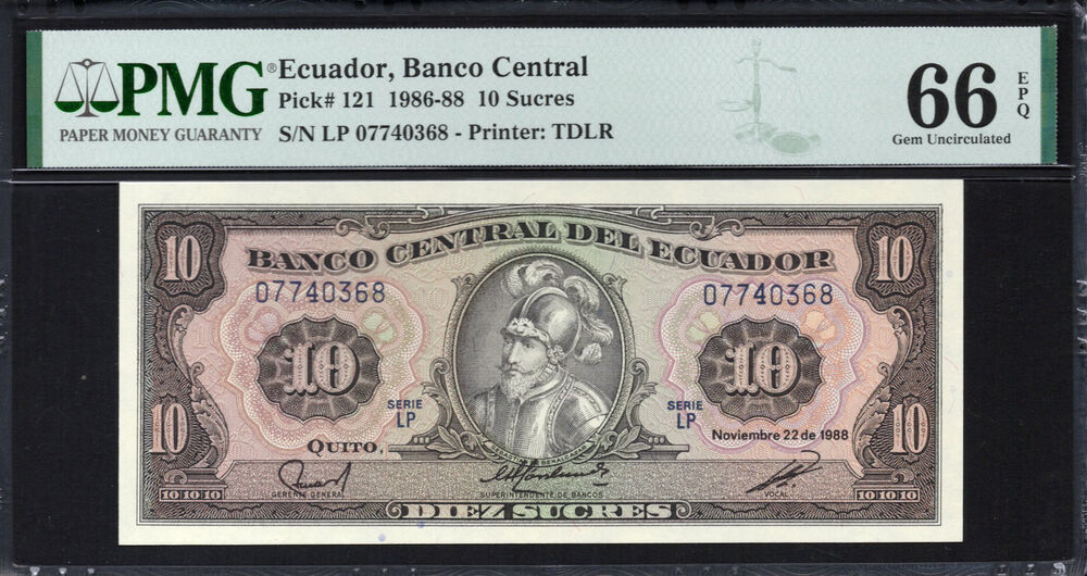Ecuador -  10 Sucres 1986 - Pick # 121 - PMG 66 EPQ