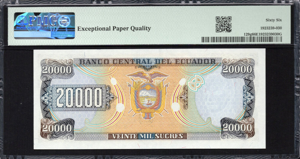 Ecuador -  20.000 Sucres 1999 - Pick # 129g - PMG 66 EPQ