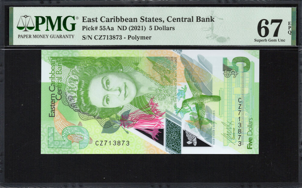East Caribbean State -  5 Dollars 2021 - Pick # 55Aa - PMG 67 EPQ