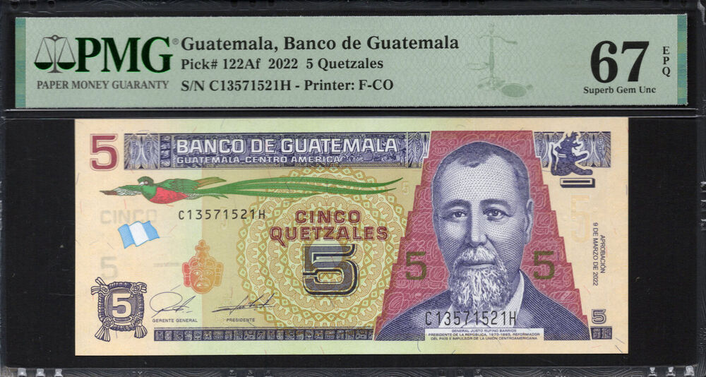 Guatemala -  5 Quetzales 2022 - Pick # 122Af - PMG 67 EPQ