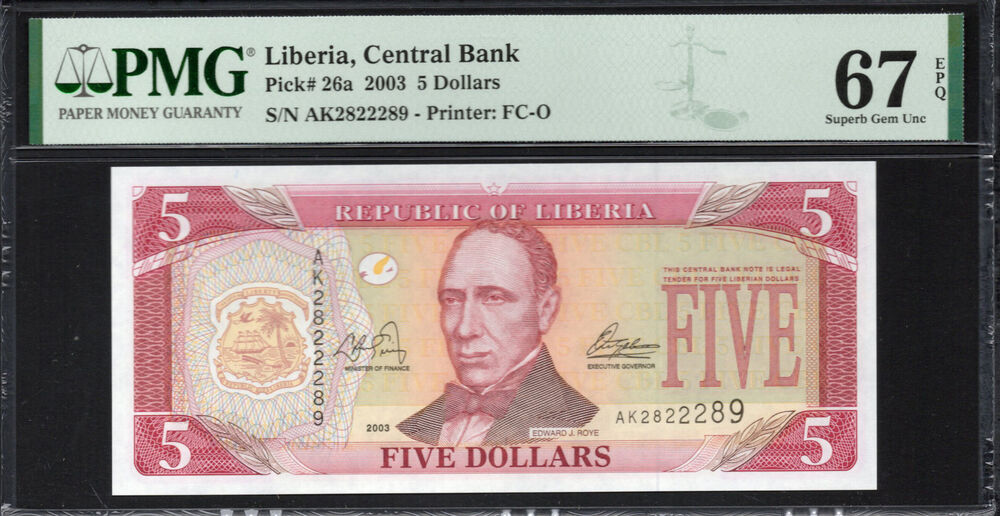 Liberia -  5 Dollars 2003 - Pick # 26a - PMG 67 EPQ