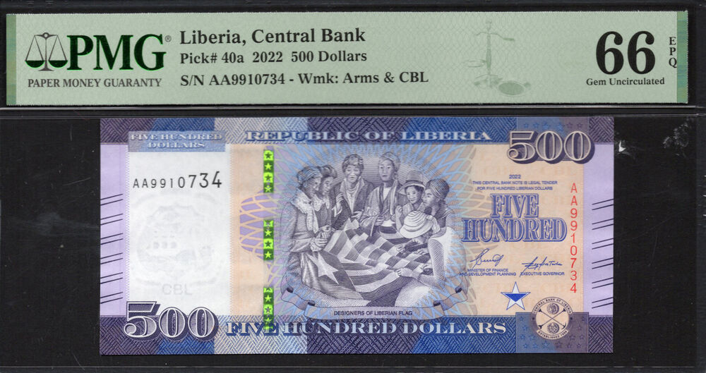 Liberia -  500 Dollars 2022 - Pick # 40a - PMG 66 EPQ