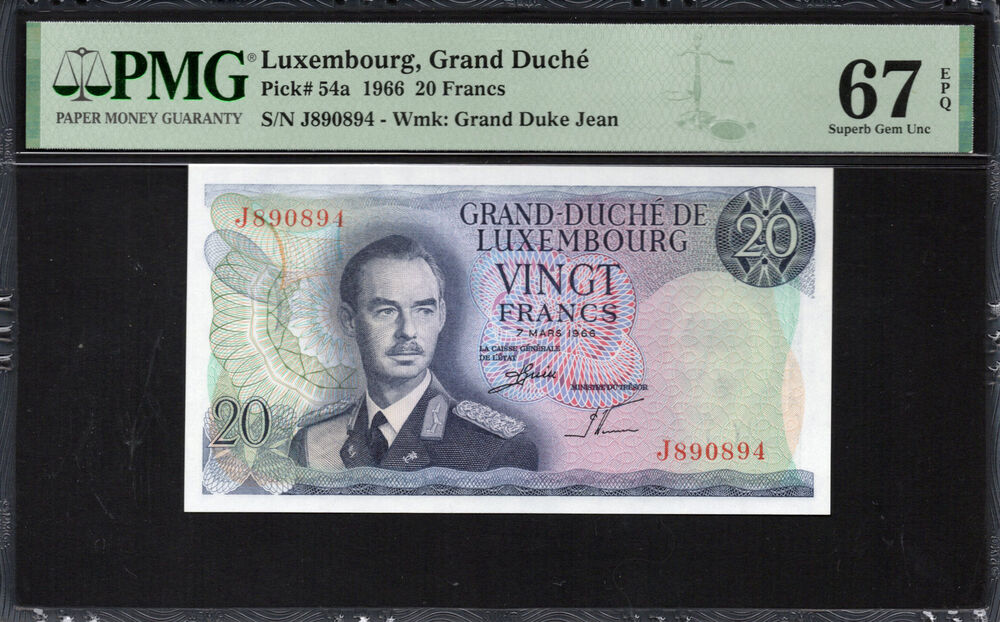 Luxembourg -  20 Francs 1966 - Pick # 54a - PMG 67 EPQ