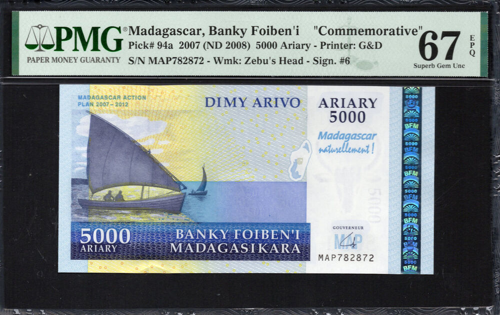 Madagascar -  5000 Ariary 2007 - Pick # 94a - PMG 67 EPQ