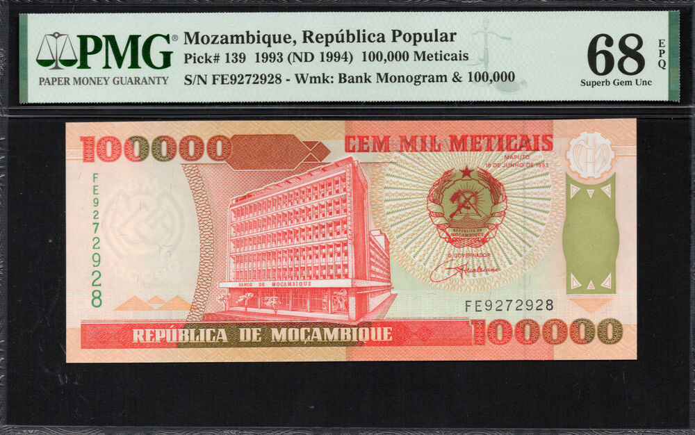 Mozambique -  100.000 Meticais 1993 - Pick # 139 - PMG 68 EPQ