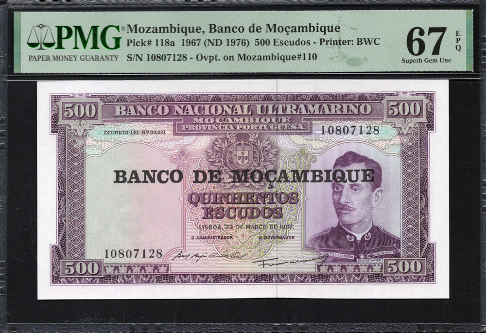 Mozambique -  500 Escudos 1967 - Pick # 118a - PMG 67 EPQ