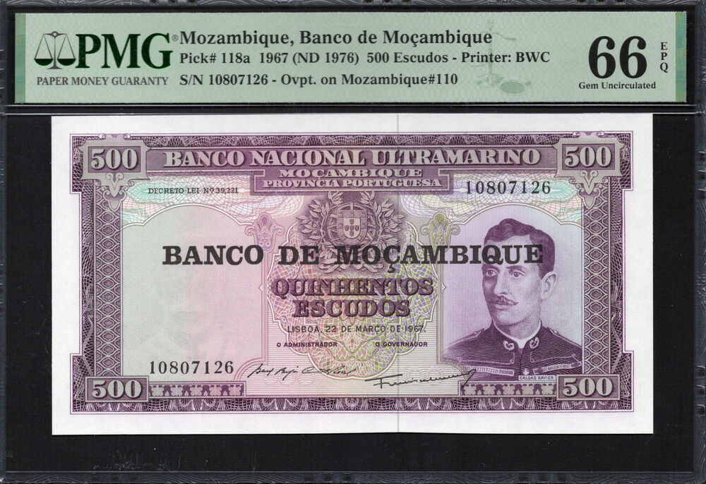 Mozambique -  500 Escudos 1967 - Pick # 118a - PMG 66 EPQ