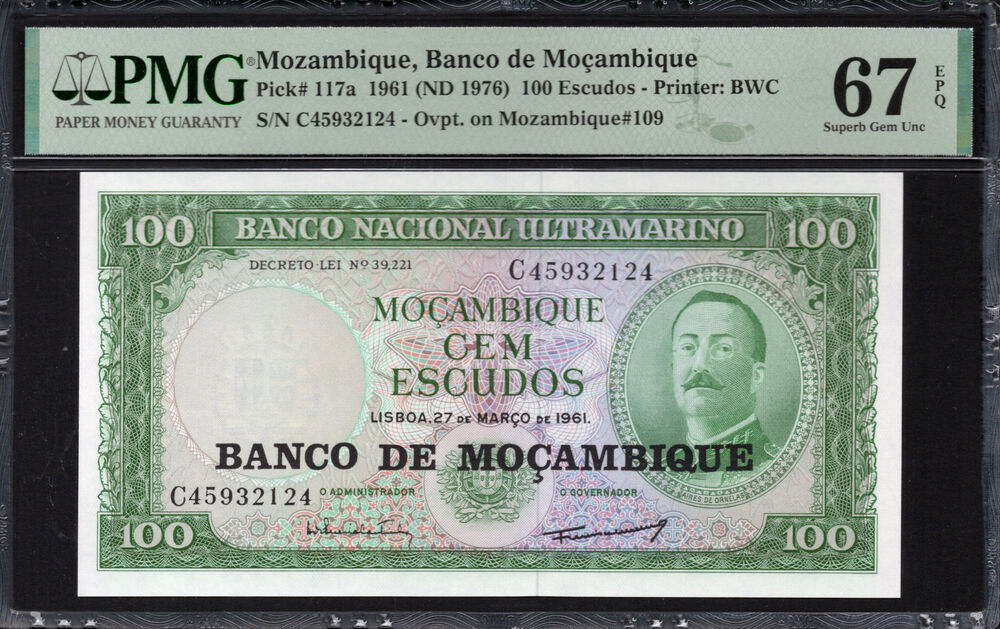 Mozambique -  100 Escudos 1961 - Pick # 117a - PMG 67 EPQ