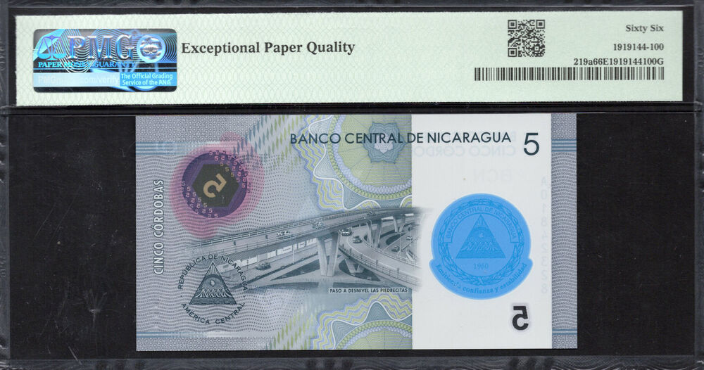 Nicaragua -  5 Córdobas 2019 - Pick # 219a - PMG 66 EPQ