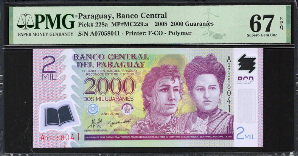 Paraguay -  2000 Guaraníes 2008 - Pick # 228a - PMG 67 EPQ