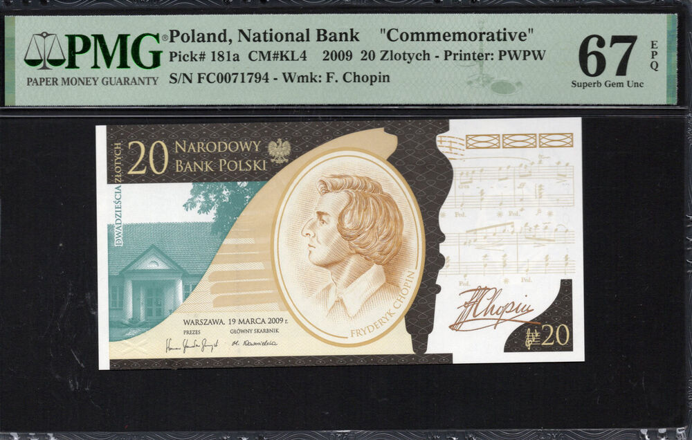 Poland -  20 Zlotych 2009 - Pick # 181a - PMG 67 EPQ