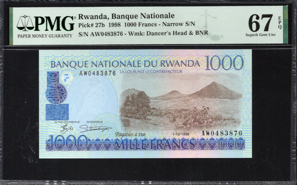Rwanda -  1000 Francs 1998 - Pick # 27b - PMG 67 EPQ