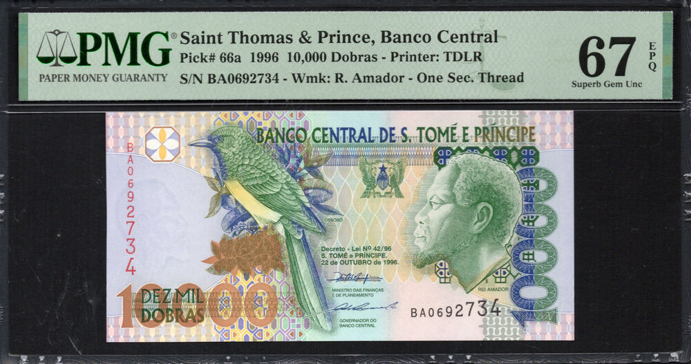 Sao Tome and Principe -  10.000 Dobras 1996 - Pick # 66a - PMG 67 EPQ