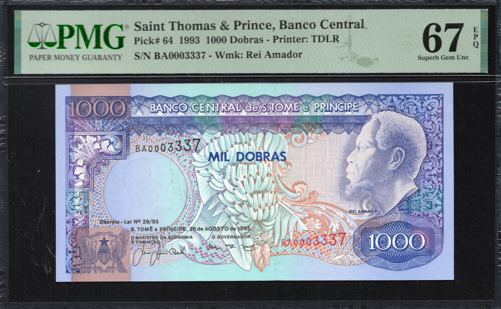 Sao Tome and Principe -  1000 Dobras 1993 - Pick # 64 - PMG 67 EPQ