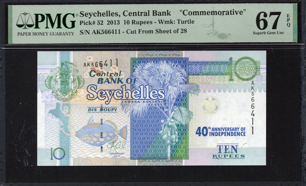 Seychelles -  10 Rupees 2013 - Pick # 52 - PMG 67 EPQ