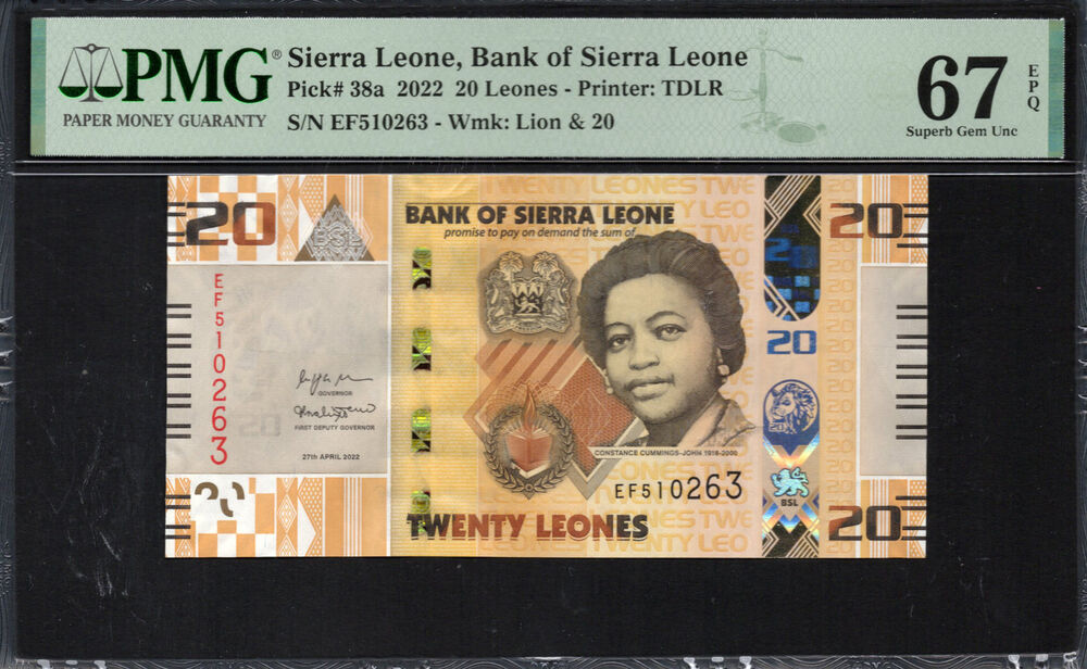 Sierra Leone -  20 Leones 2022 - Pick # 38a - PMG 67 EPQ