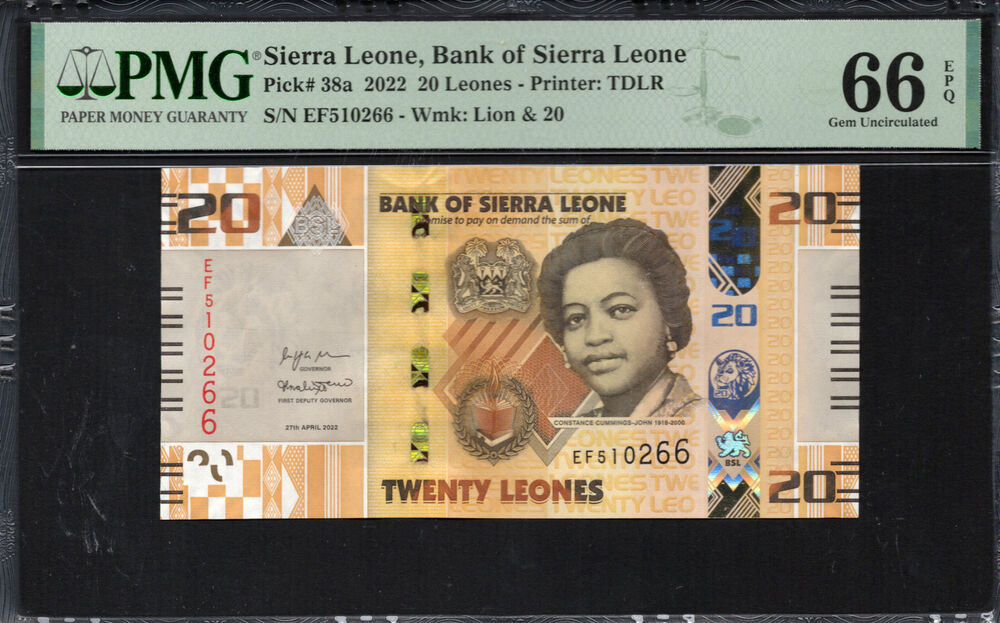 Sierra Leone -  20 Leones 2022 - Pick # 38a - PMG 66 EPQ