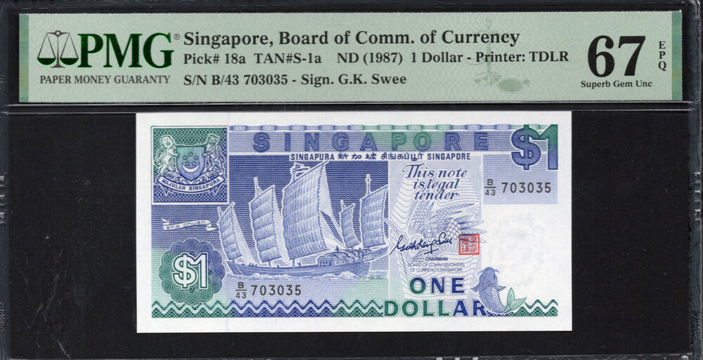 Singapore -  1 Dollar 1987 - Pick # 18a - PMG 67 EPQ
