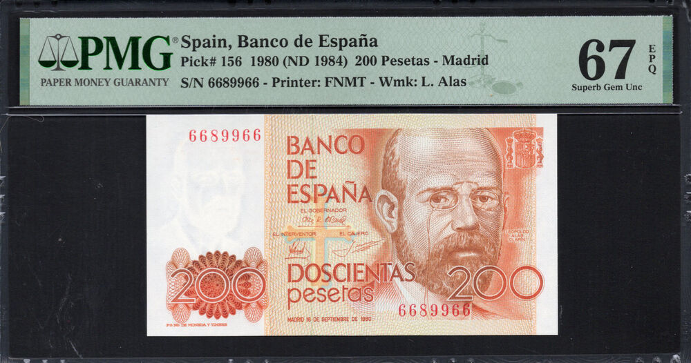 Spain -  200 Pesetas 1980 - Pick # 156 - PMG 67 EPQ