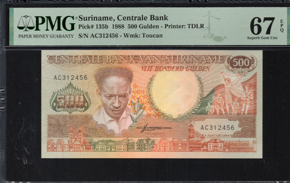 Suriname -  500 Gulden 1988 - Pick # 135b - PMG 67 EPQ